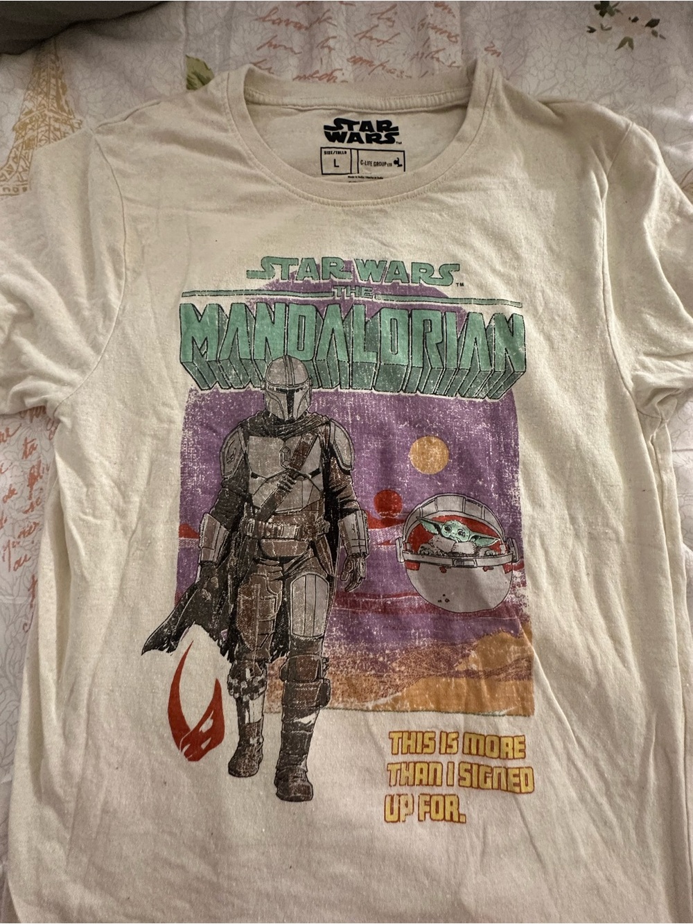 Star Wars Mandalorian Graphic Tee - White with Green & Purple Print
